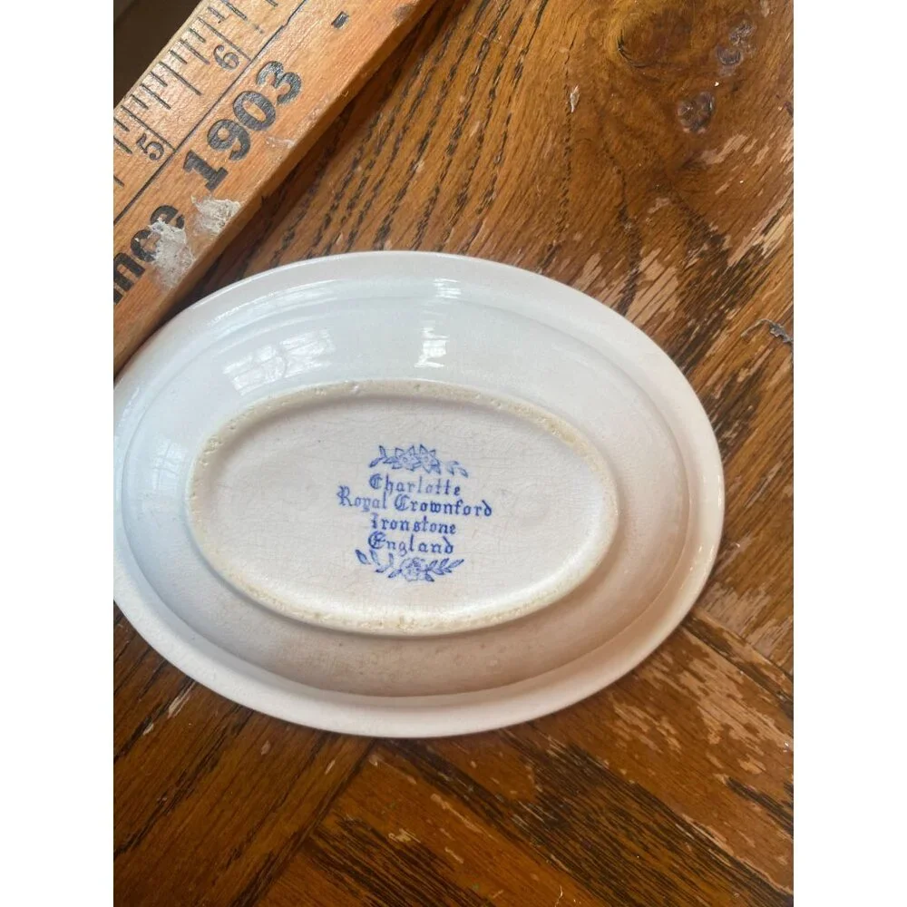 Antique Charlotte Royal Crownford Ironstone England Blue Floral Oval Dish 6" x 4 - Picture 4 of 6